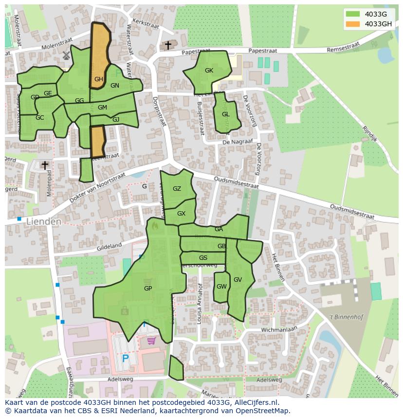 Afbeelding van het postcodegebied 4033 GH op de kaart.
