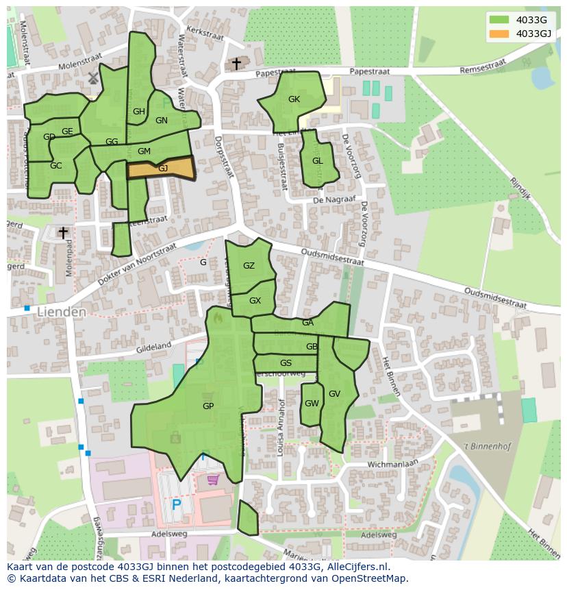 Afbeelding van het postcodegebied 4033 GJ op de kaart.