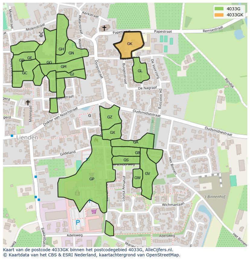 Afbeelding van het postcodegebied 4033 GK op de kaart.