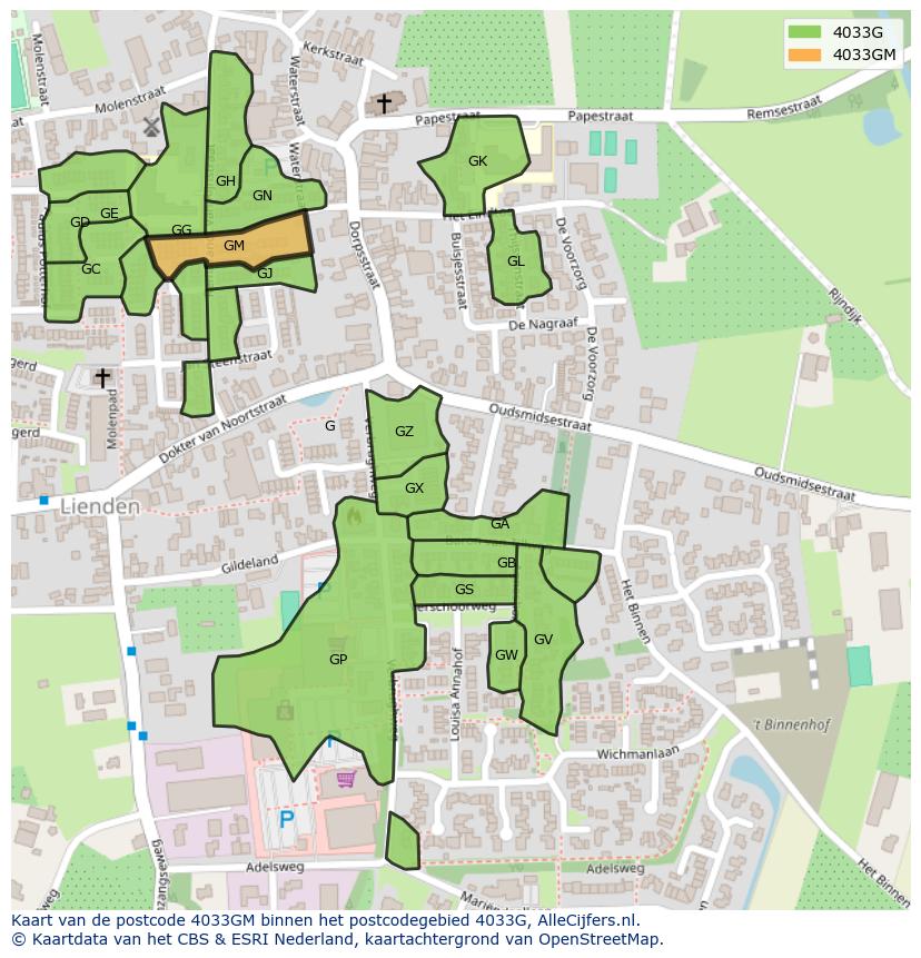 Afbeelding van het postcodegebied 4033 GM op de kaart.