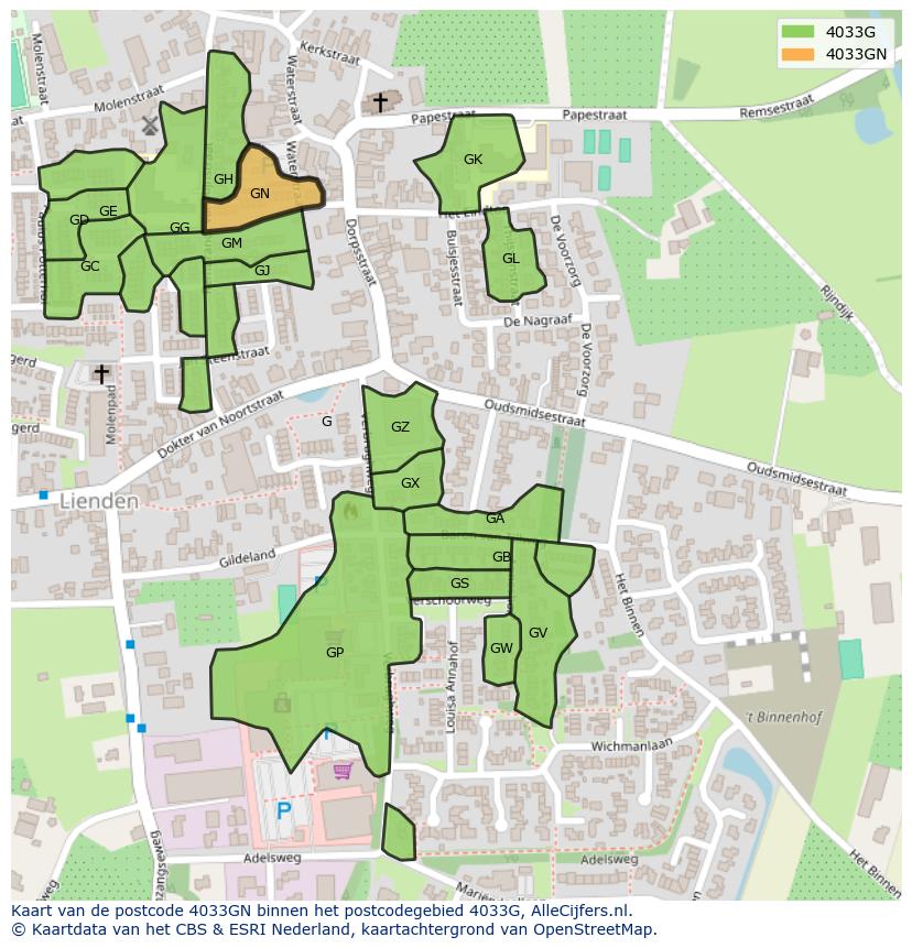 Afbeelding van het postcodegebied 4033 GN op de kaart.