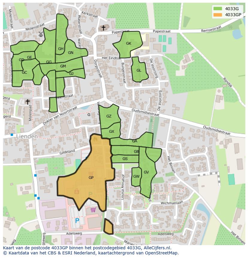 Afbeelding van het postcodegebied 4033 GP op de kaart.