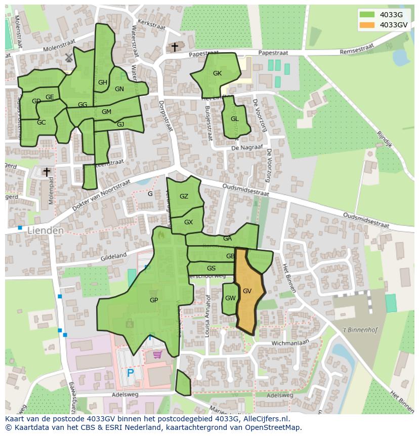 Afbeelding van het postcodegebied 4033 GV op de kaart.