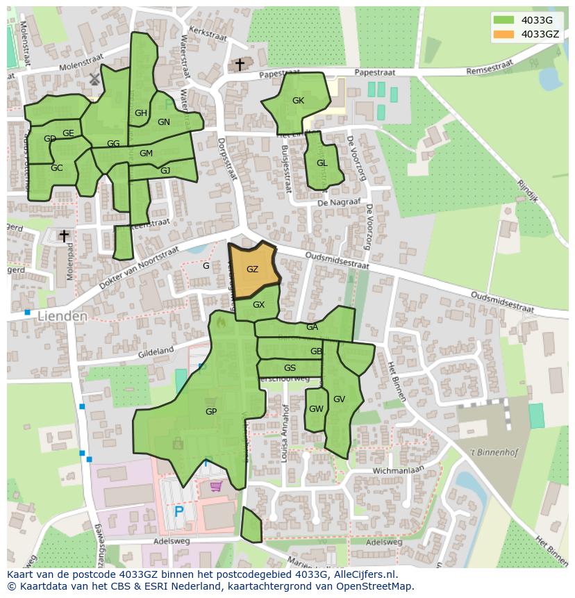 Afbeelding van het postcodegebied 4033 GZ op de kaart.
