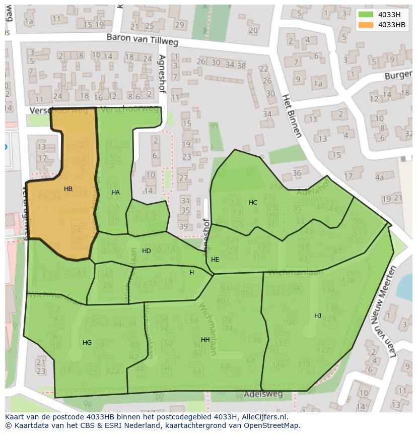 Afbeelding van het postcodegebied 4033 HB op de kaart.
