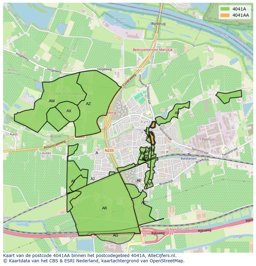 Afbeelding van het postcodegebied 4041 AA op de kaart.