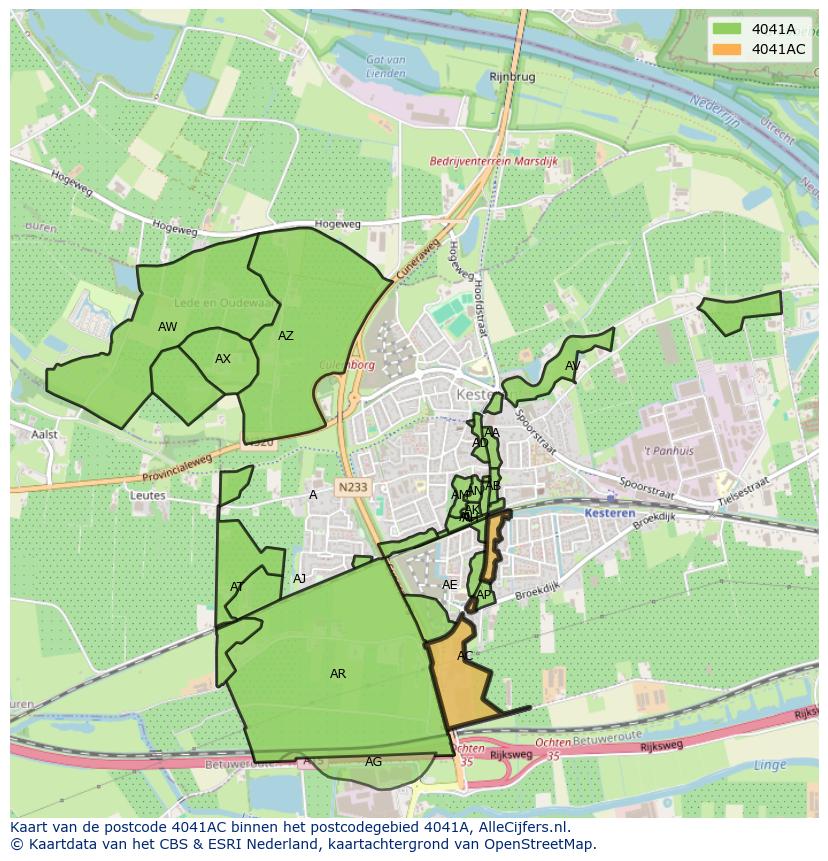 Afbeelding van het postcodegebied 4041 AC op de kaart.