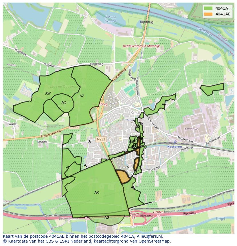 Afbeelding van het postcodegebied 4041 AE op de kaart.