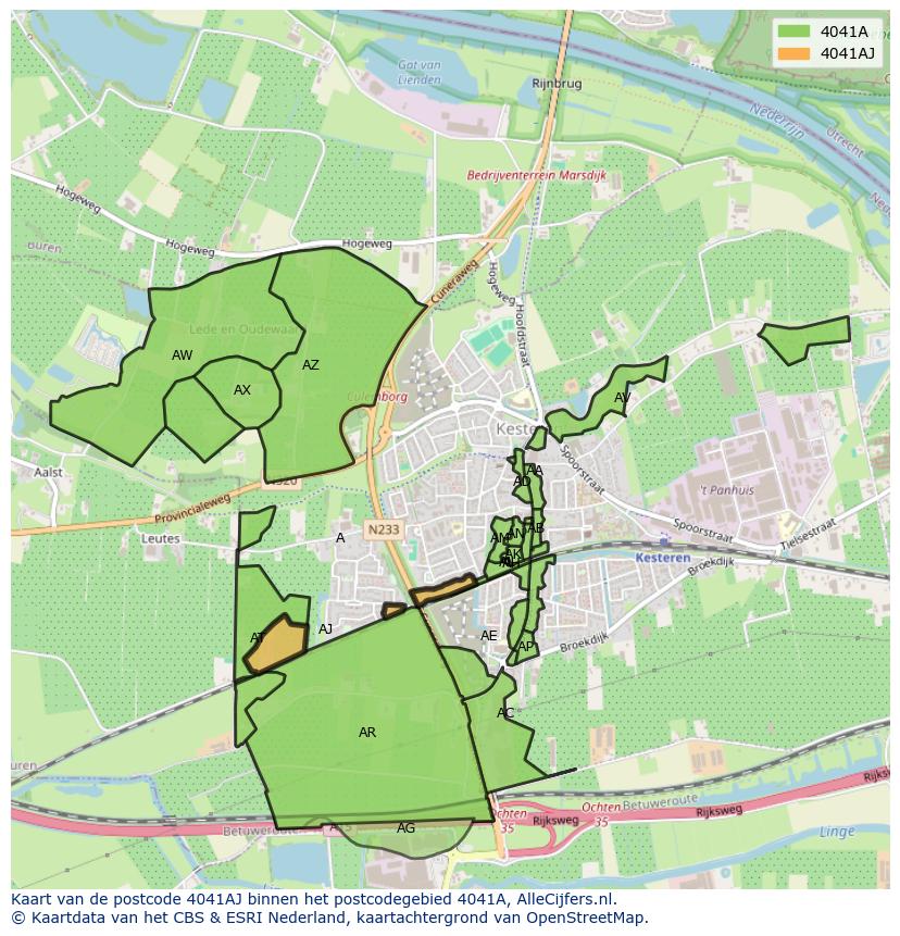 Afbeelding van het postcodegebied 4041 AJ op de kaart.