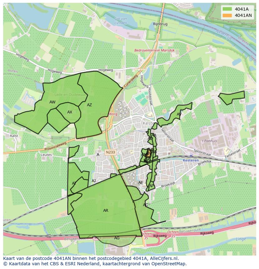 Afbeelding van het postcodegebied 4041 AN op de kaart.