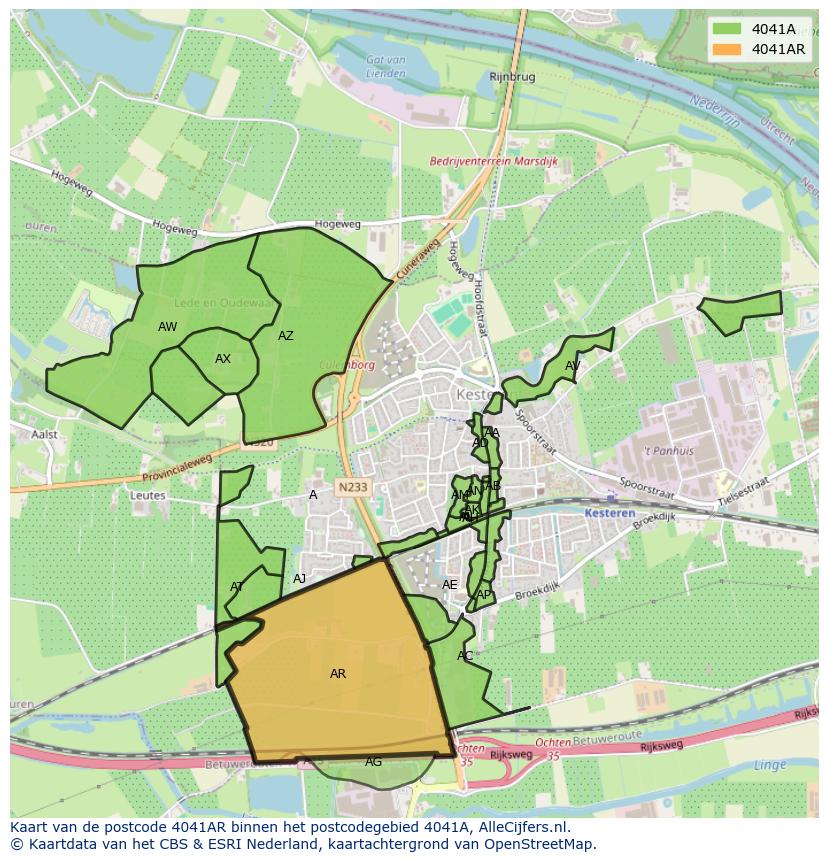 Afbeelding van het postcodegebied 4041 AR op de kaart.