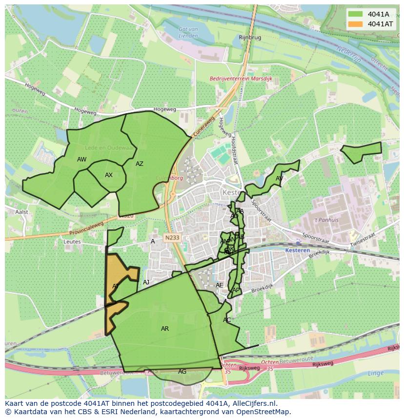 Afbeelding van het postcodegebied 4041 AT op de kaart.