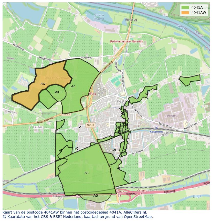 Afbeelding van het postcodegebied 4041 AW op de kaart.