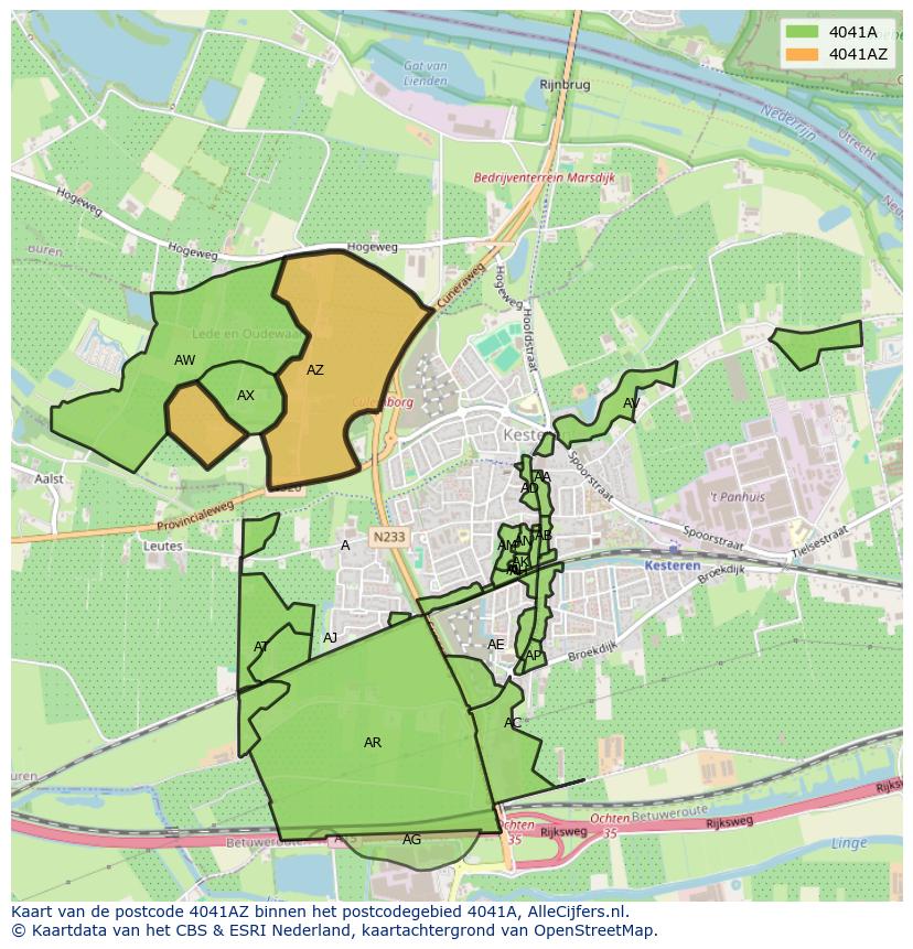 Afbeelding van het postcodegebied 4041 AZ op de kaart.
