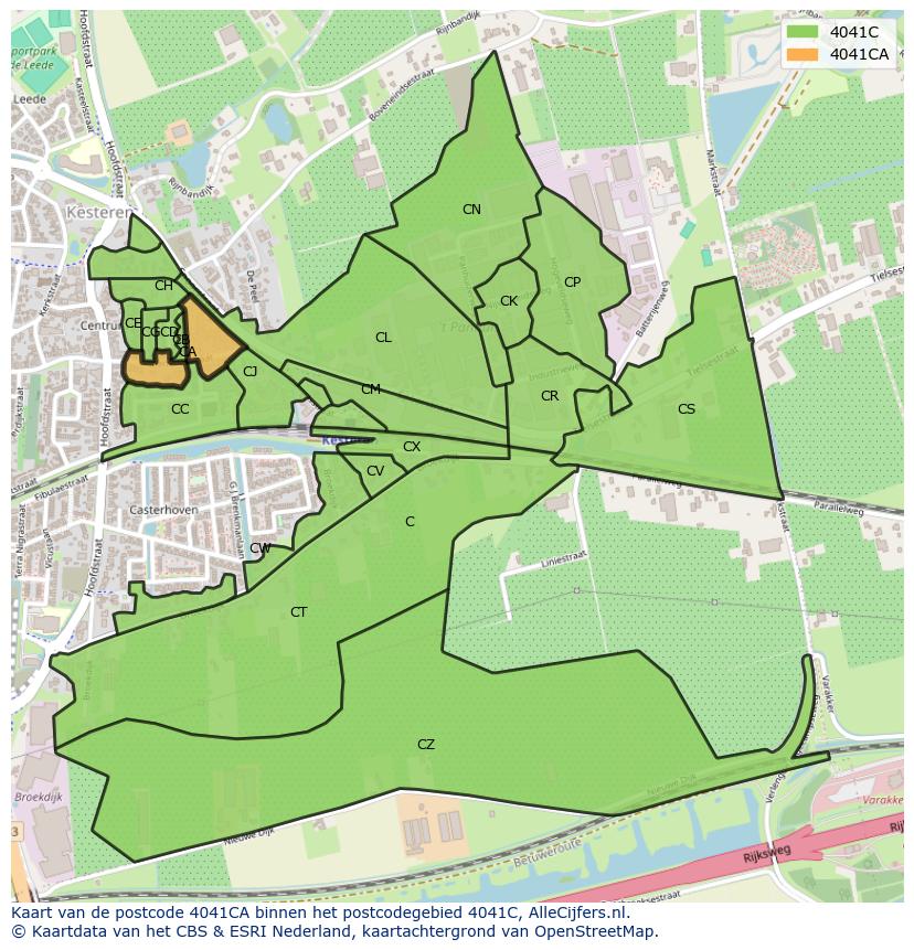 Afbeelding van het postcodegebied 4041 CA op de kaart.