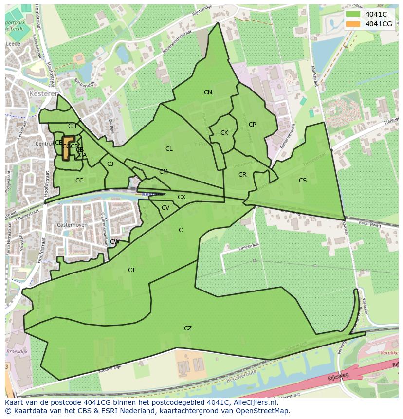 Afbeelding van het postcodegebied 4041 CG op de kaart.
