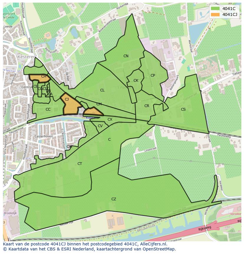 Afbeelding van het postcodegebied 4041 CJ op de kaart.