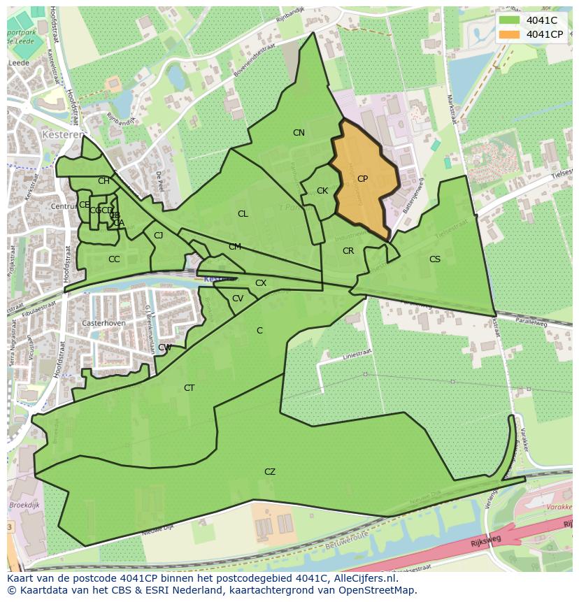 Afbeelding van het postcodegebied 4041 CP op de kaart.