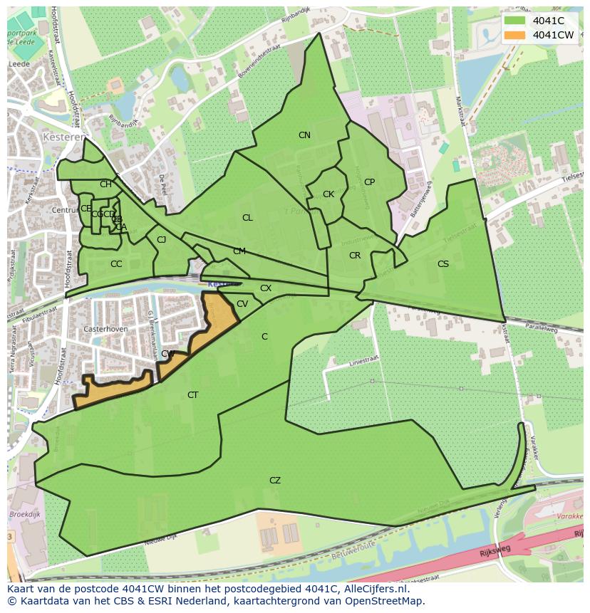 Afbeelding van het postcodegebied 4041 CW op de kaart.