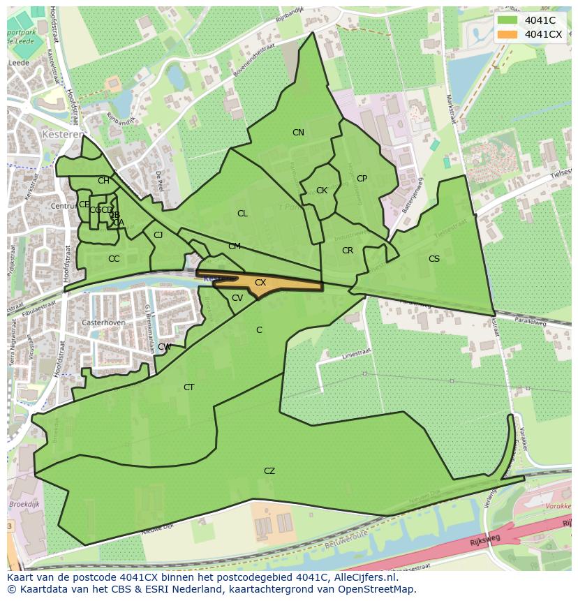 Afbeelding van het postcodegebied 4041 CX op de kaart.