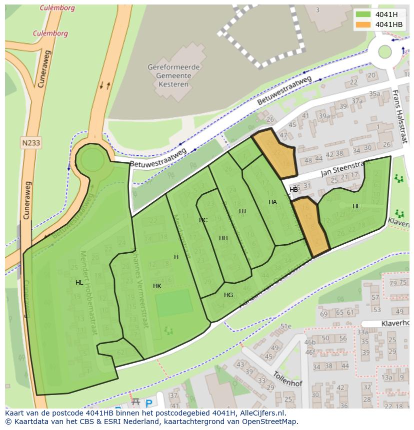 Afbeelding van het postcodegebied 4041 HB op de kaart.