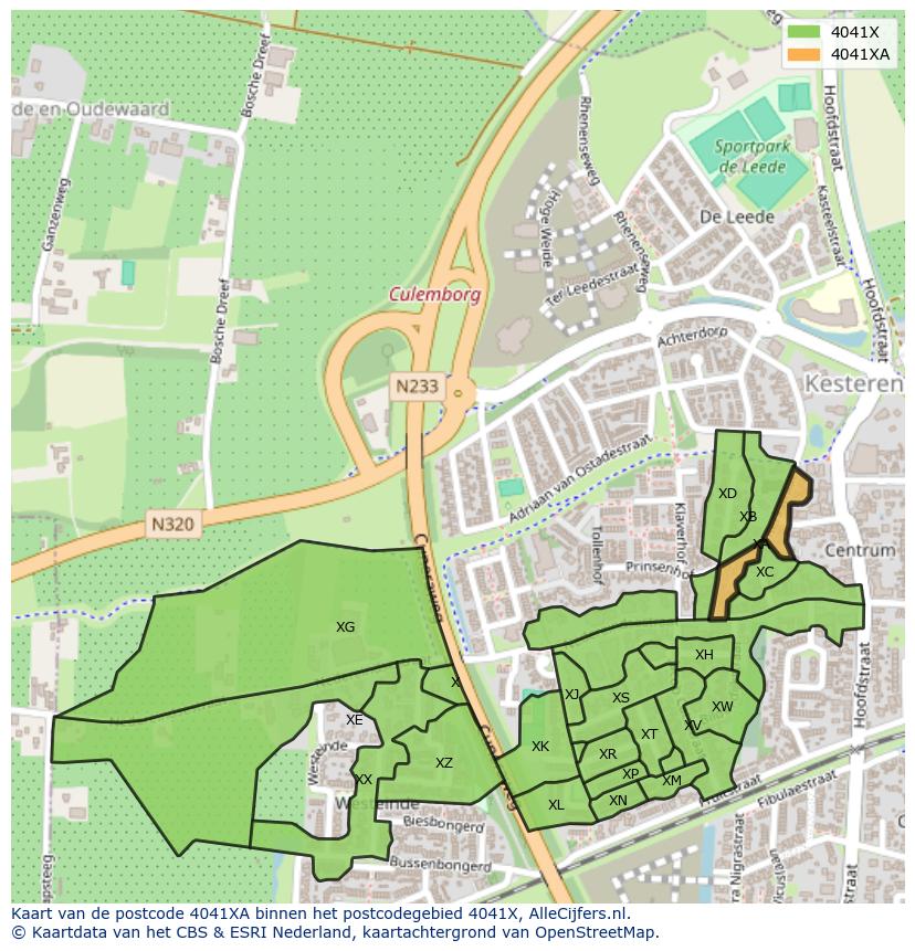 Afbeelding van het postcodegebied 4041 XA op de kaart.