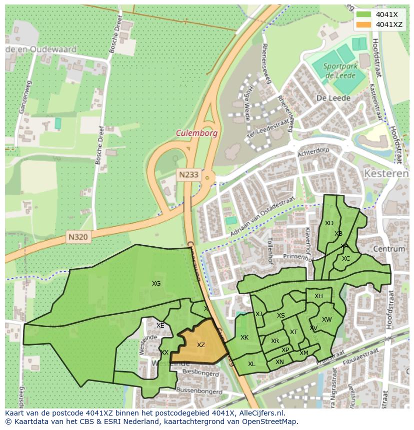 Afbeelding van het postcodegebied 4041 XZ op de kaart.
