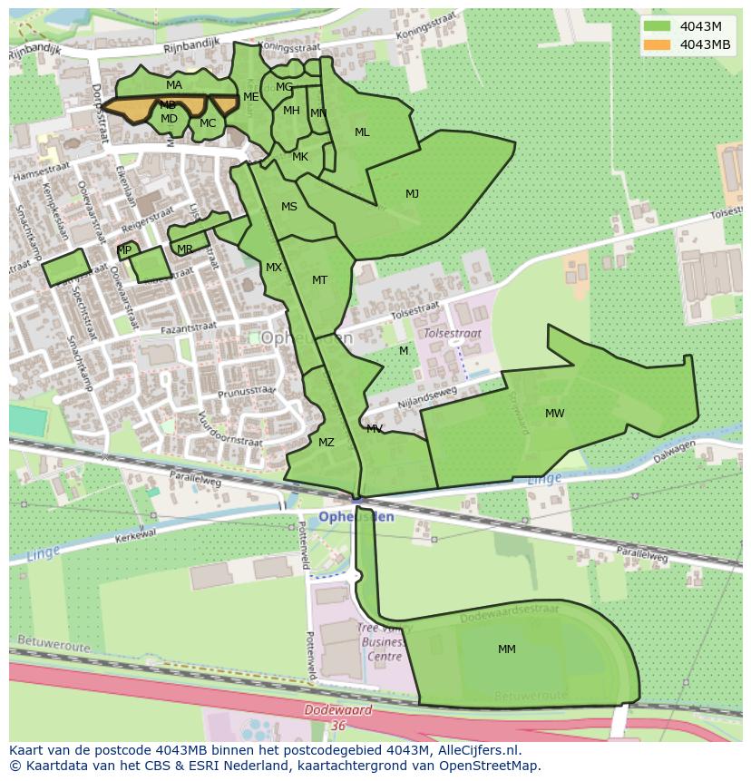 Afbeelding van het postcodegebied 4043 MB op de kaart.
