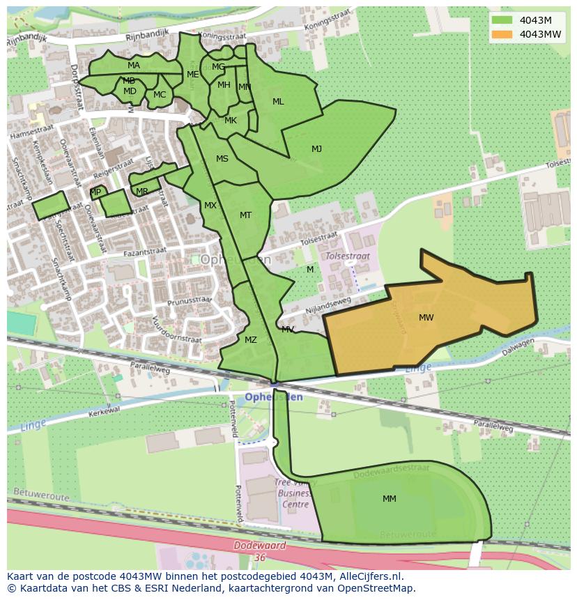 Afbeelding van het postcodegebied 4043 MW op de kaart.