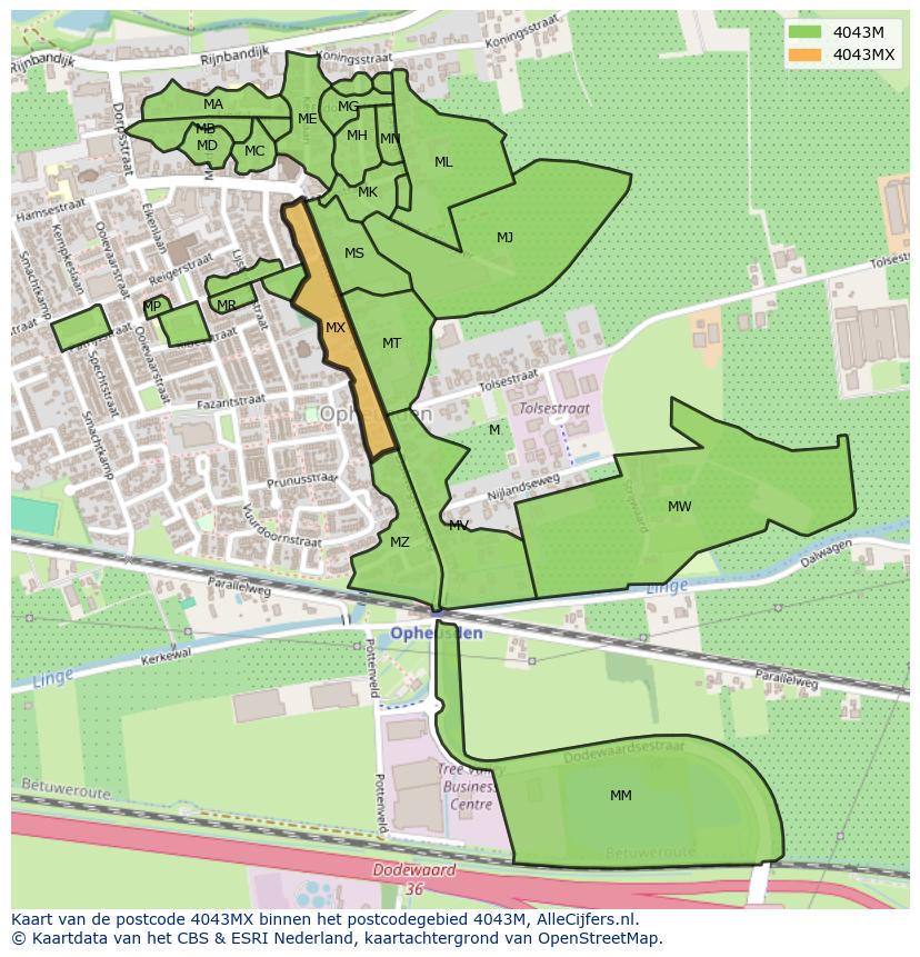 Afbeelding van het postcodegebied 4043 MX op de kaart.