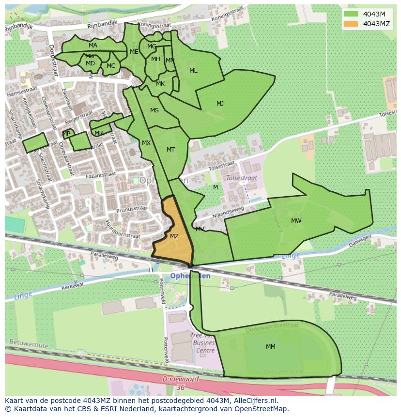 Afbeelding van het postcodegebied 4043 MZ op de kaart.