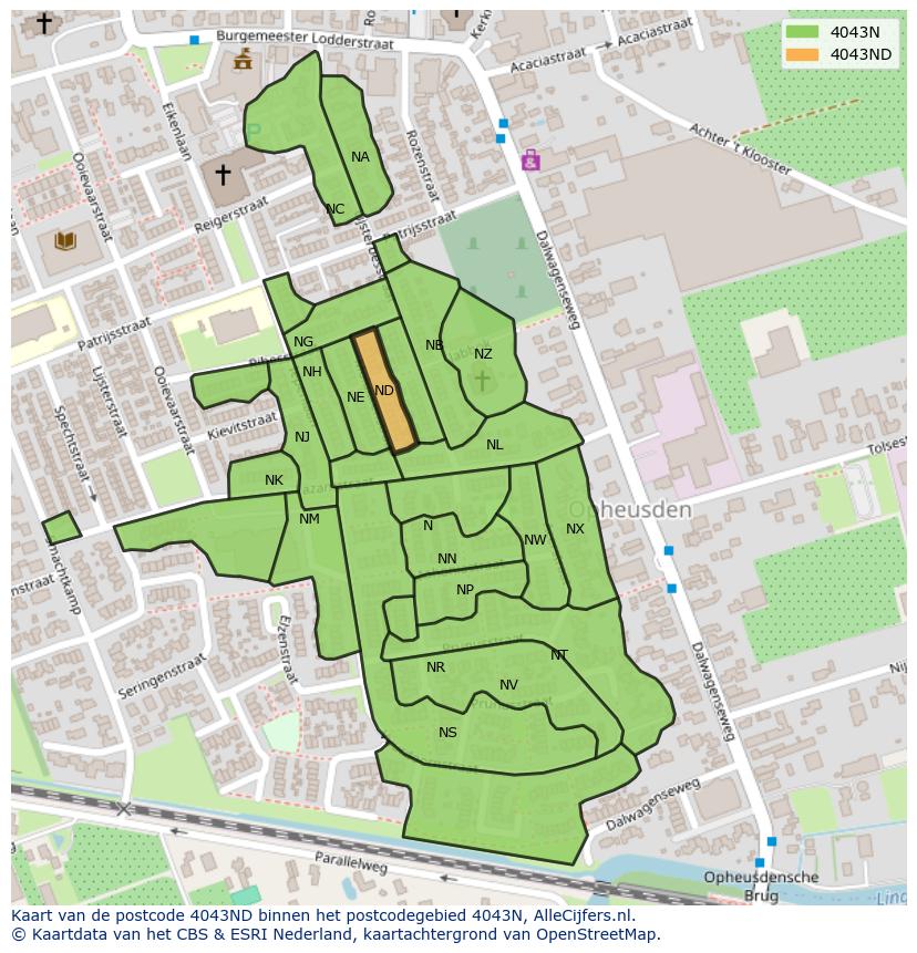 Afbeelding van het postcodegebied 4043 ND op de kaart.