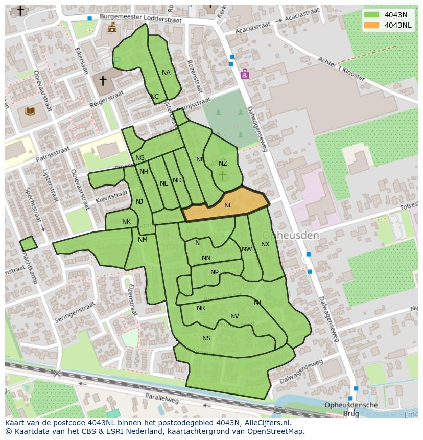 Afbeelding van het postcodegebied 4043 NL op de kaart.