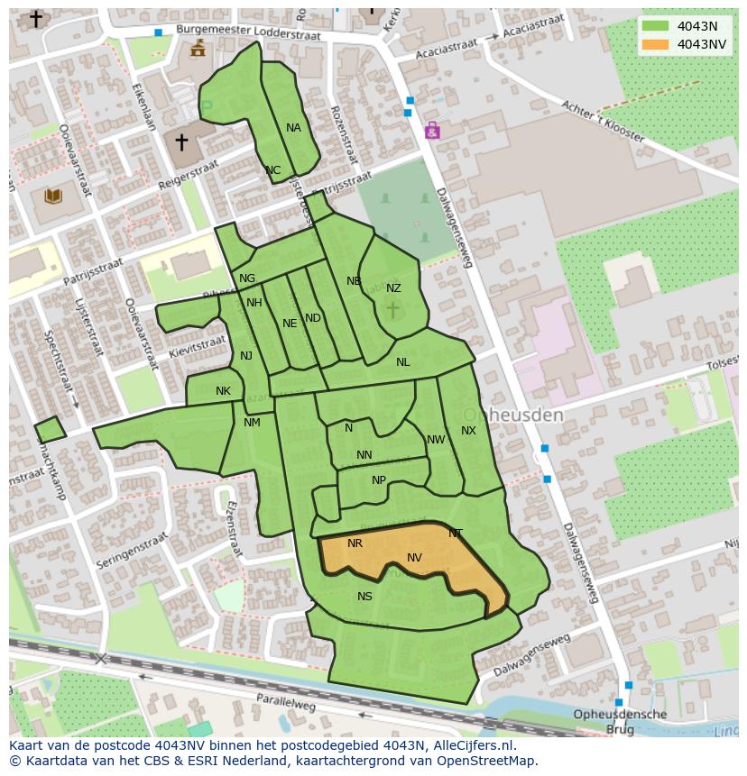 Afbeelding van het postcodegebied 4043 NV op de kaart.