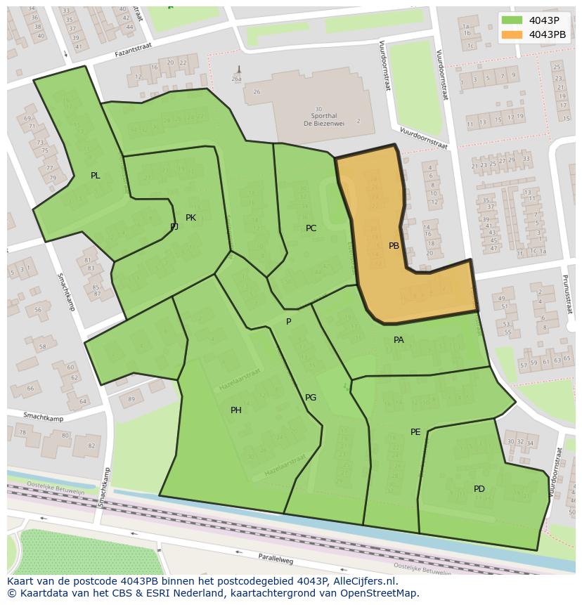 Afbeelding van het postcodegebied 4043 PB op de kaart.
