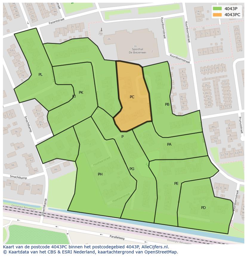 Afbeelding van het postcodegebied 4043 PC op de kaart.