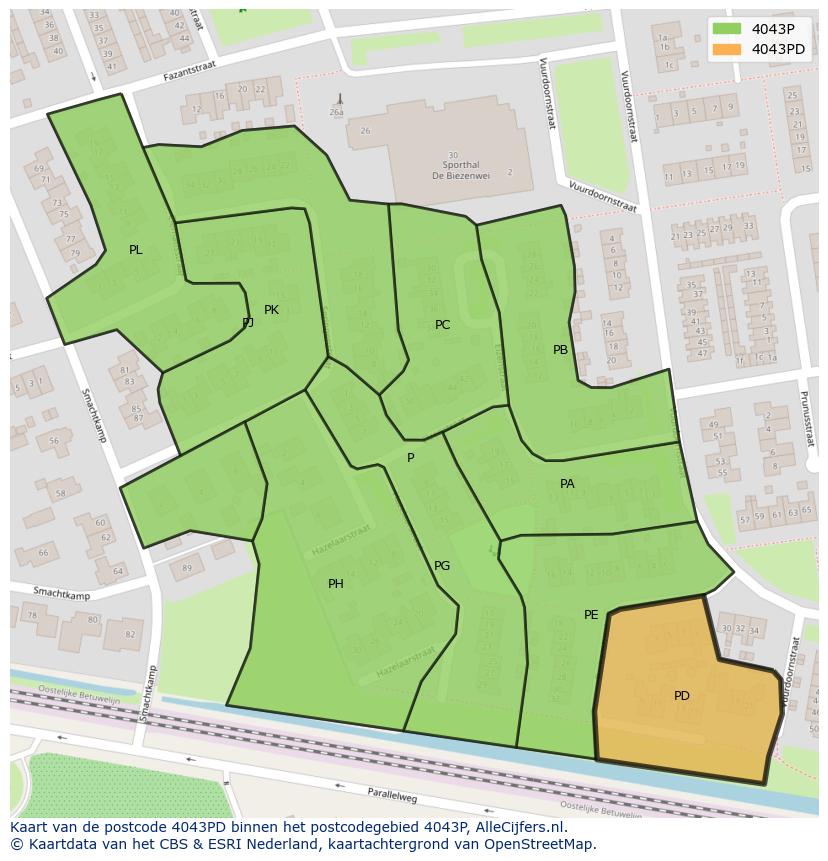 Afbeelding van het postcodegebied 4043 PD op de kaart.