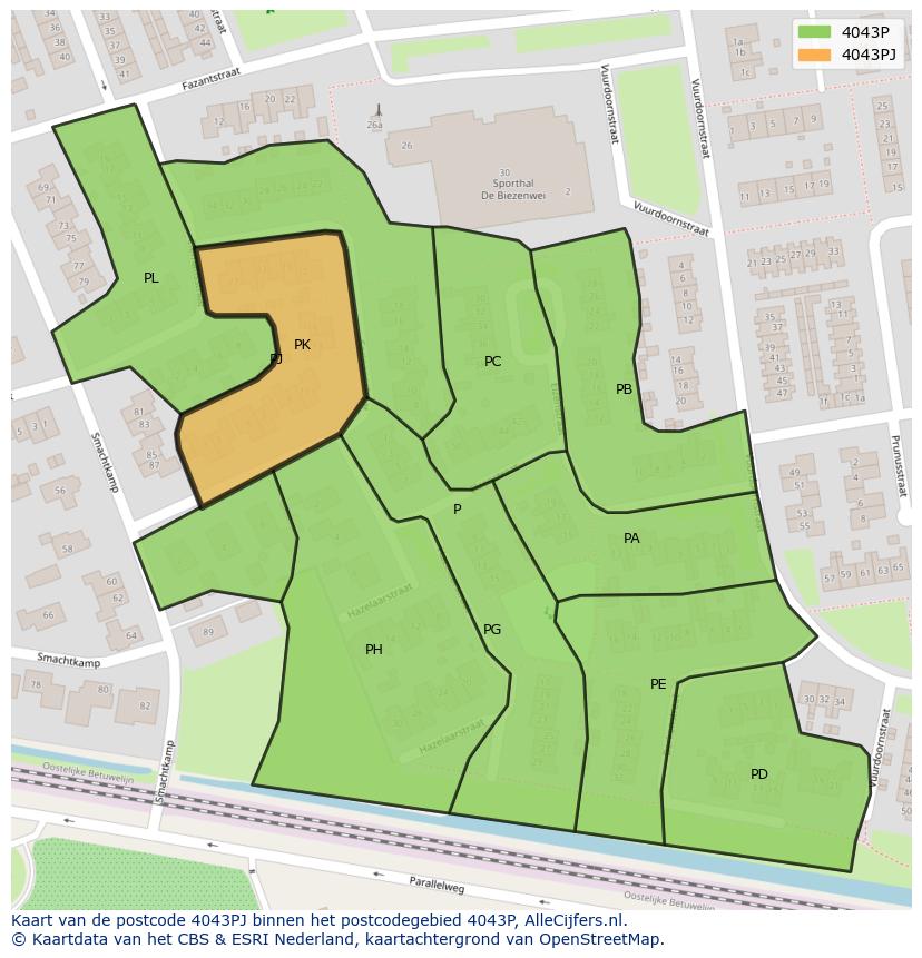 Afbeelding van het postcodegebied 4043 PJ op de kaart.