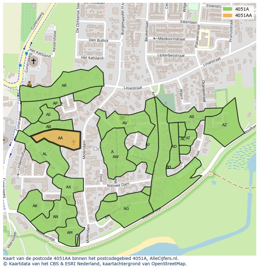 Afbeelding van het postcodegebied 4051 AA op de kaart.