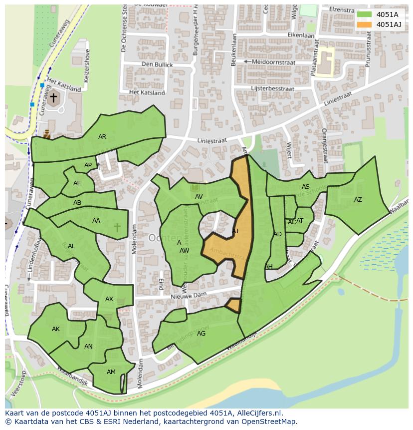 Afbeelding van het postcodegebied 4051 AJ op de kaart.