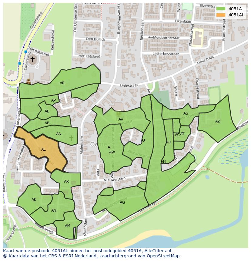 Afbeelding van het postcodegebied 4051 AL op de kaart.