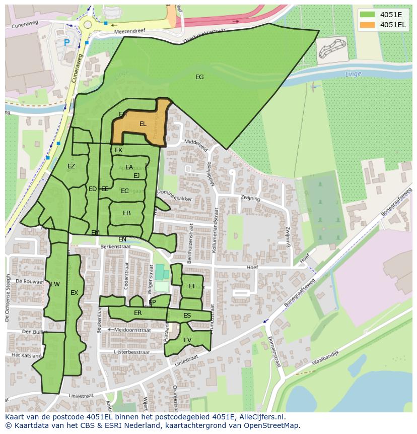 Afbeelding van het postcodegebied 4051 EL op de kaart.