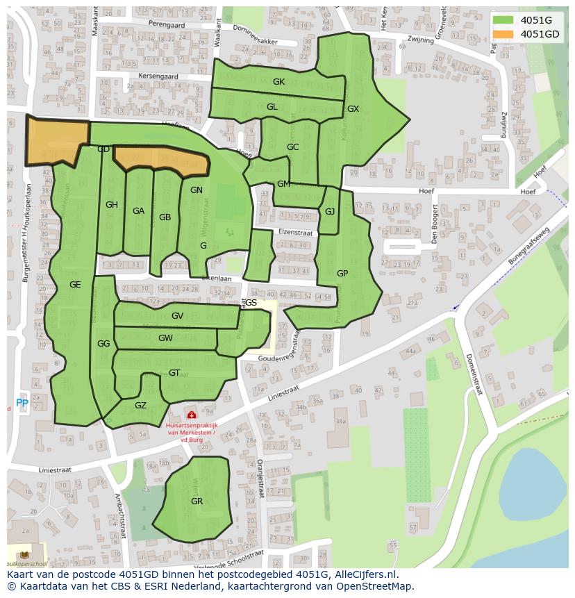 Afbeelding van het postcodegebied 4051 GD op de kaart.