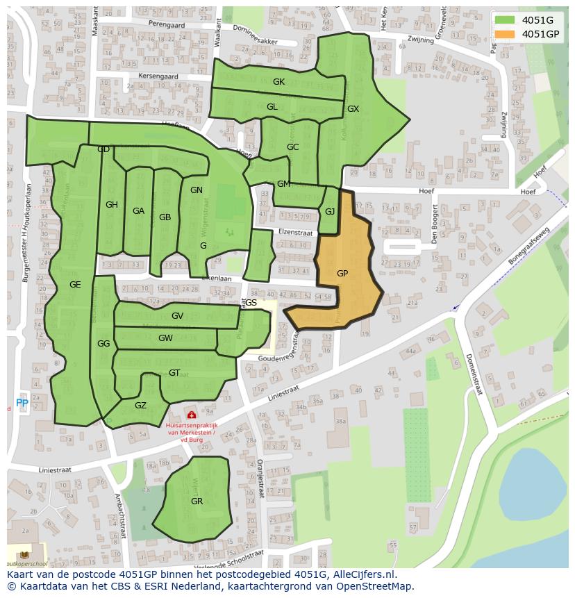 Afbeelding van het postcodegebied 4051 GP op de kaart.