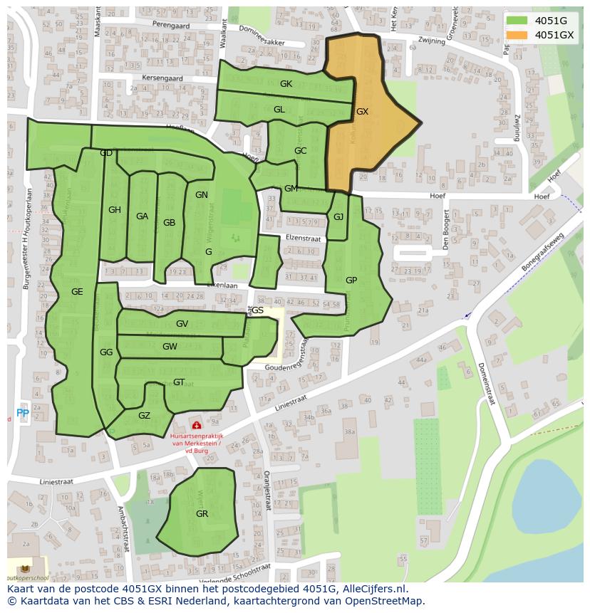 Afbeelding van het postcodegebied 4051 GX op de kaart.