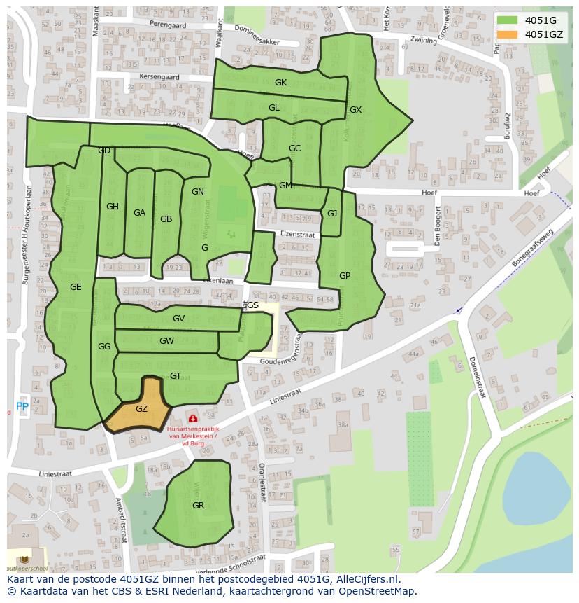 Afbeelding van het postcodegebied 4051 GZ op de kaart.