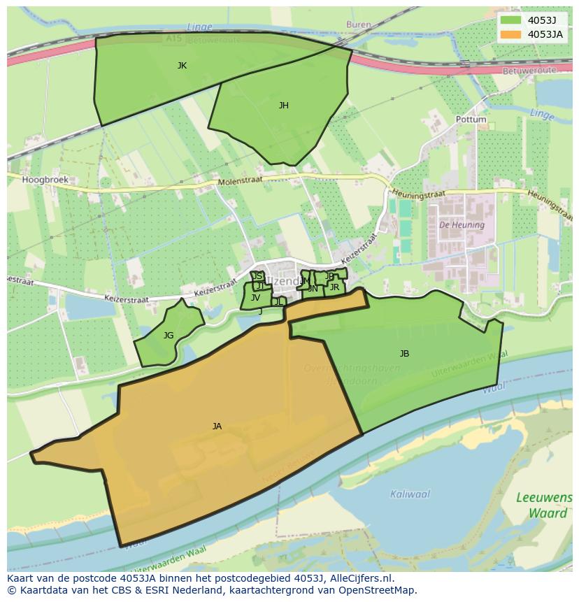 Afbeelding van het postcodegebied 4053 JA op de kaart.