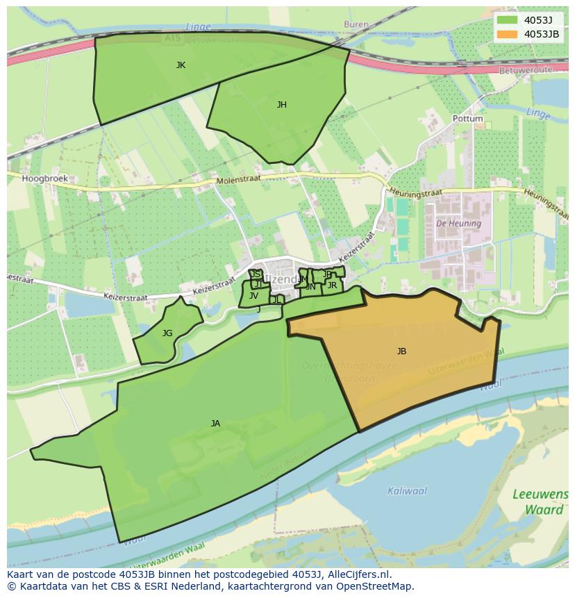 Afbeelding van het postcodegebied 4053 JB op de kaart.