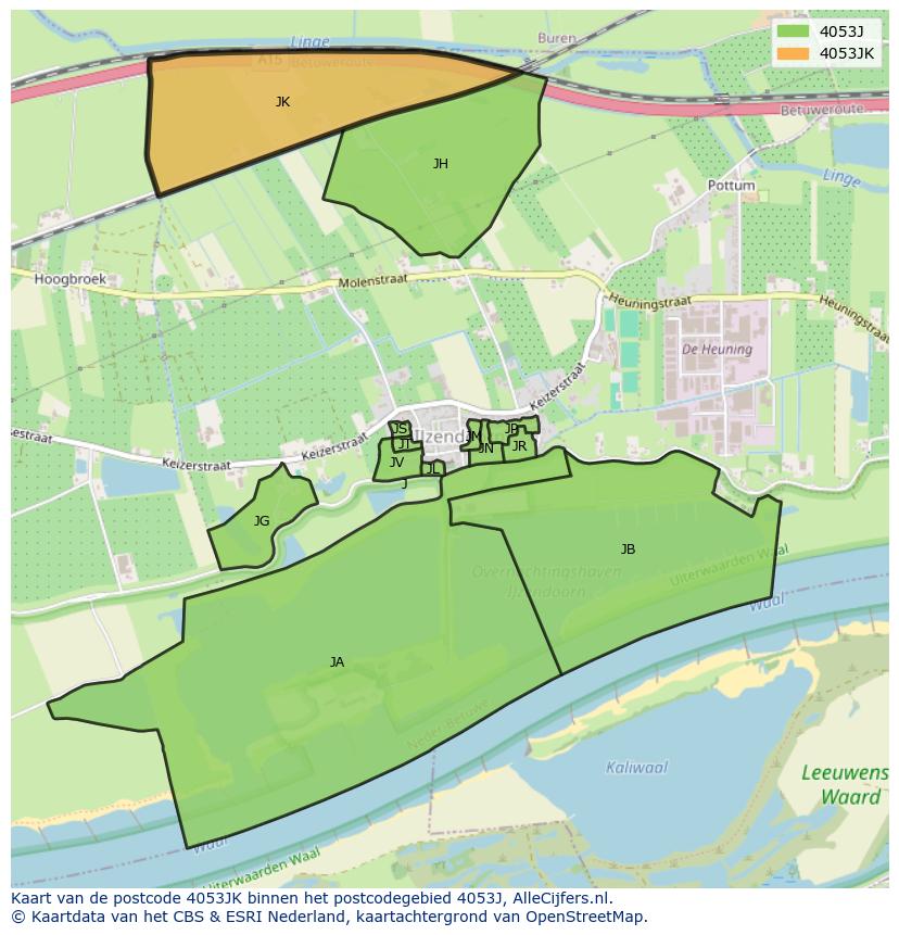 Afbeelding van het postcodegebied 4053 JK op de kaart.