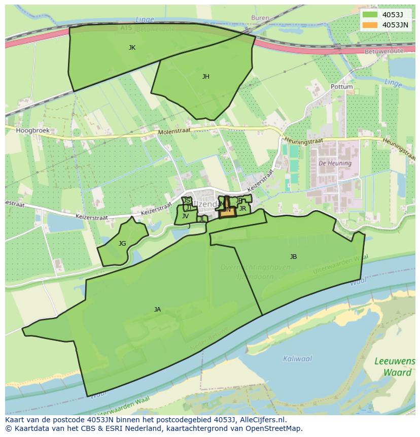 Afbeelding van het postcodegebied 4053 JN op de kaart.